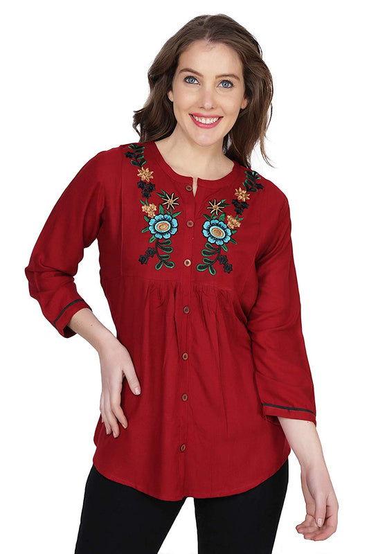Stylistico Women's Embroidered Rayon Cotton Flared Tops