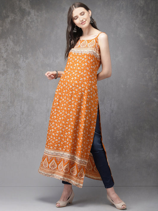 Women Orange & White Printed Straight Kurta