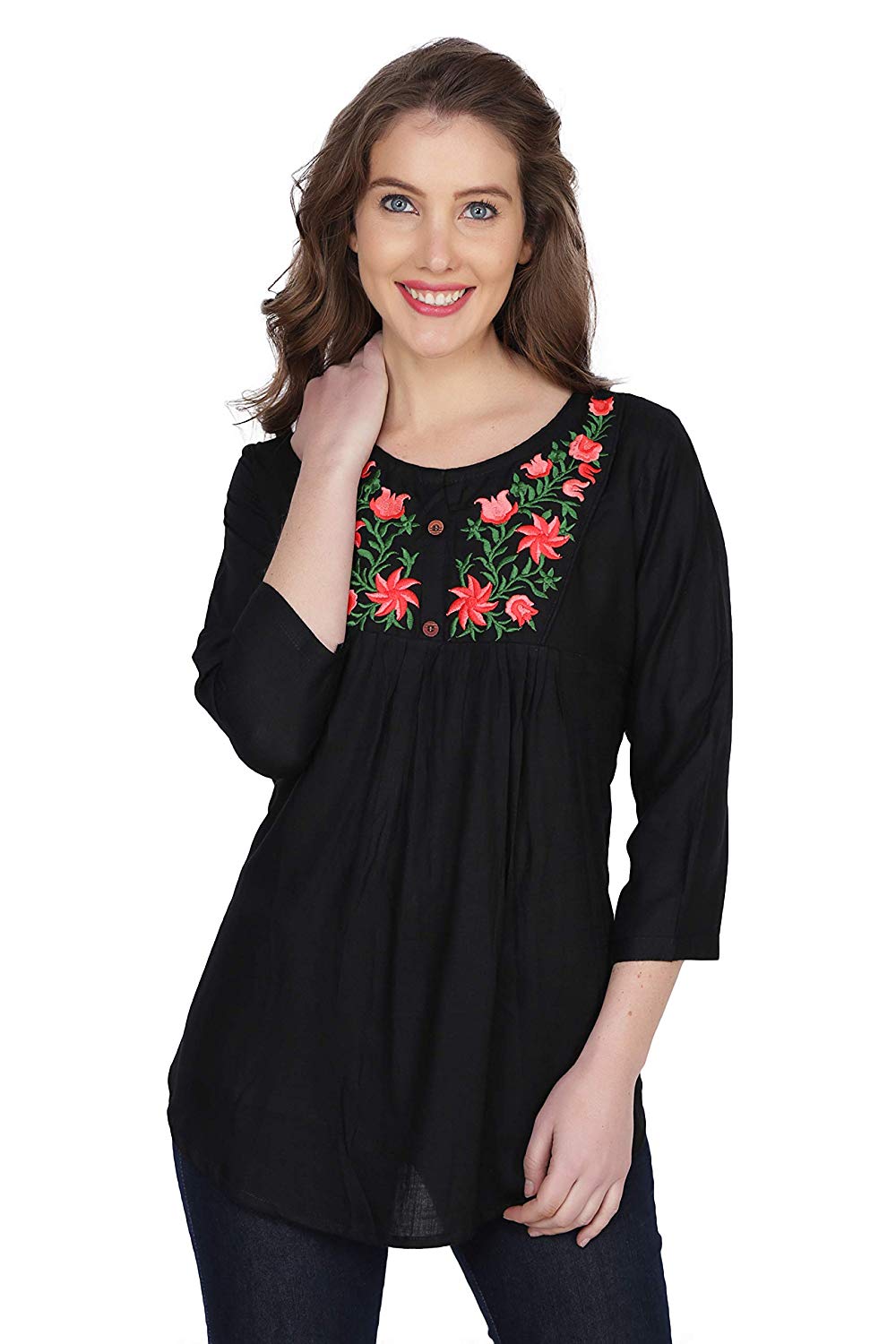 Stylistico Women's Embroidered Rayon Cotton Flared Tops