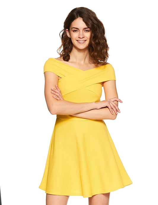 Veni VIDI VICI Yellow Bandage Bardot Skater Dress