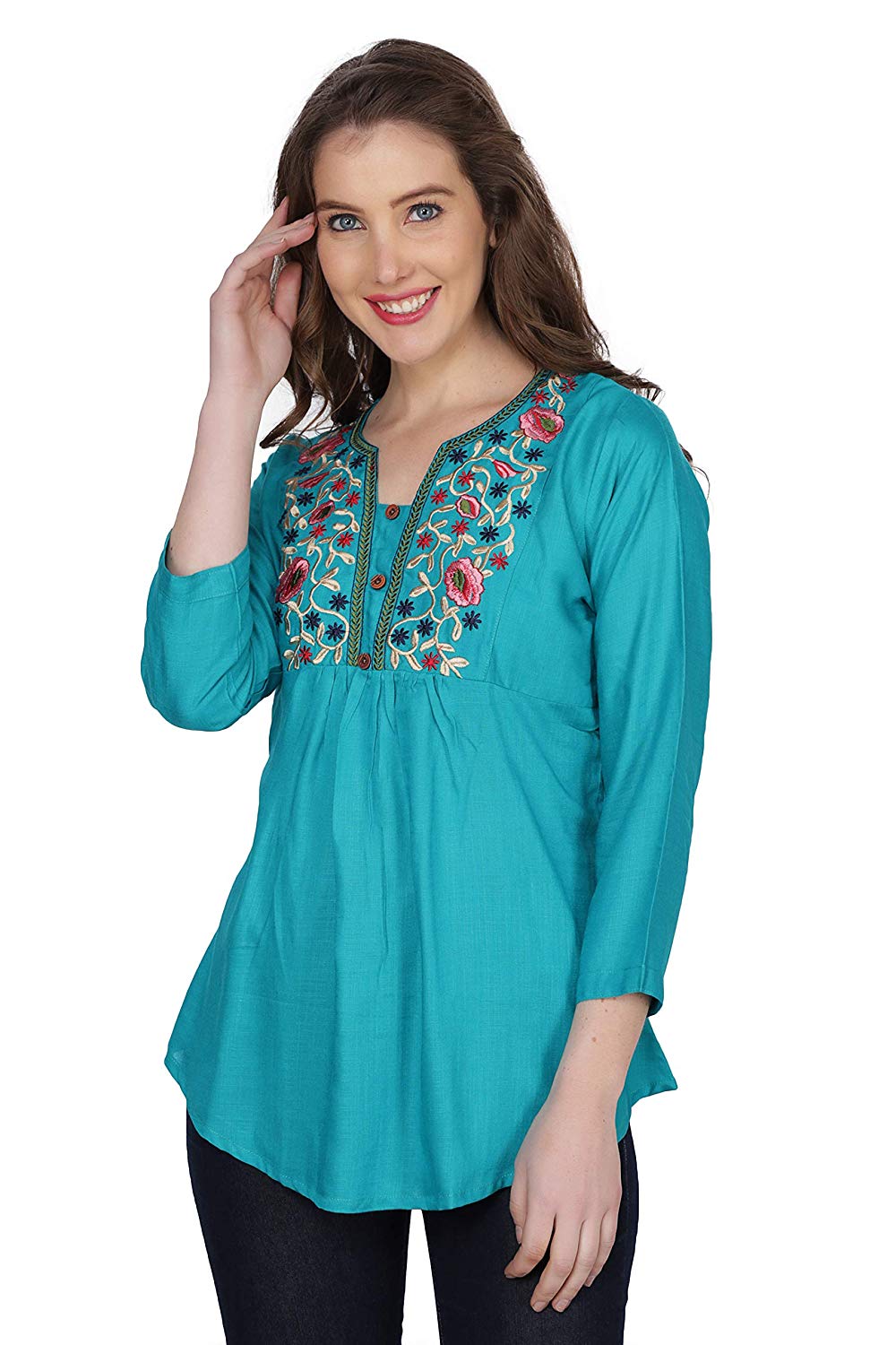 Stylistico Women's Embroidered Rayon Cotton Flared Tops